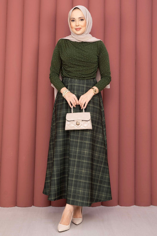 Retro Plaid Pattern Scuba Skirt Khaki