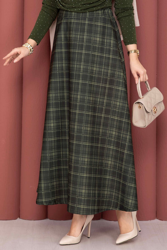 Retro Plaid Pattern Scuba Skirt Khaki