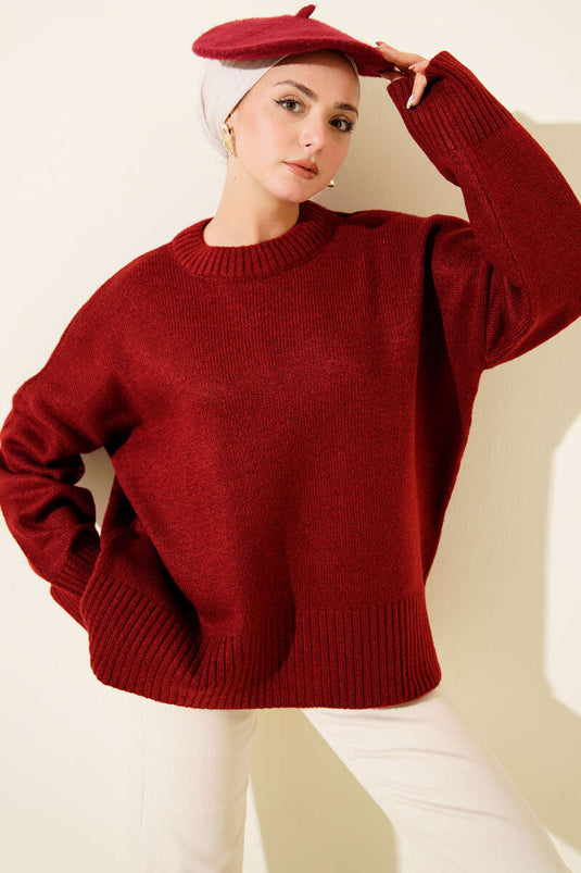 Ribana Görünümlü Triko Tunik Bordo