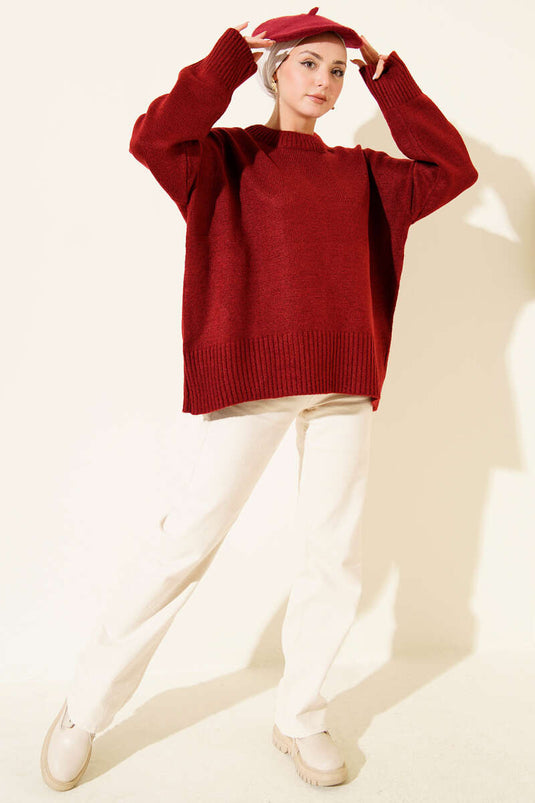 Ribana Görünümlü Triko Tunik Bordo