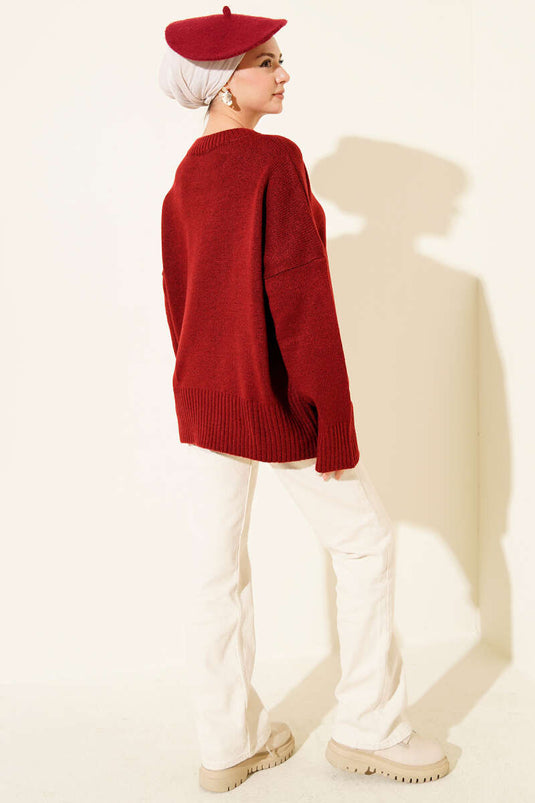 Ribana Görünümlü Triko Tunik Bordo