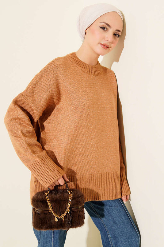 Ribbed Look Knit Tunic Camel