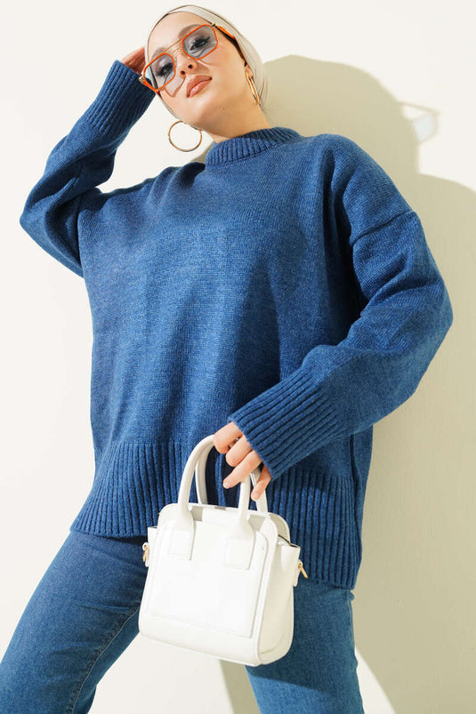 Ribana Görünümlü Triko Tunik İndigo