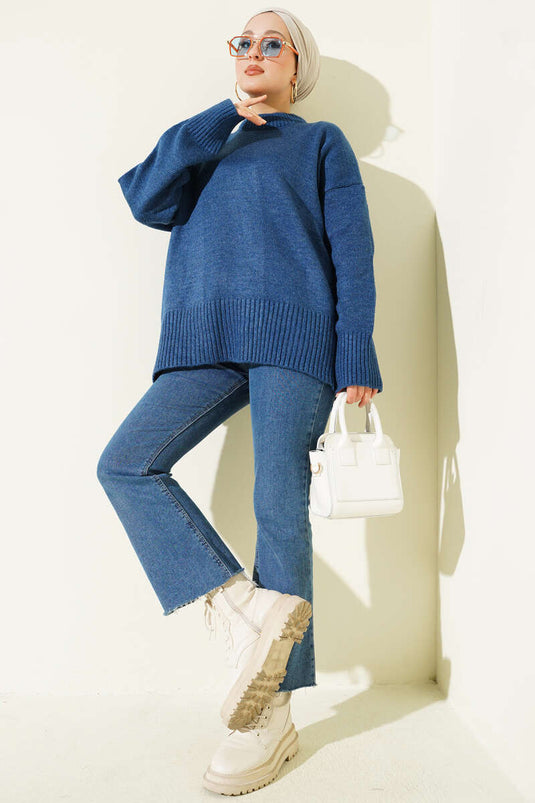 Ribana Görünümlü Triko Tunik İndigo