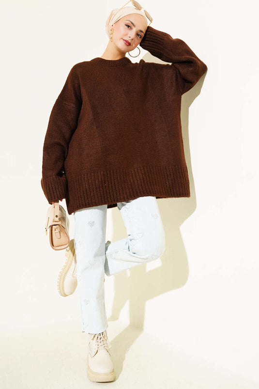 Ribbed Look Knit Tunic, Brown