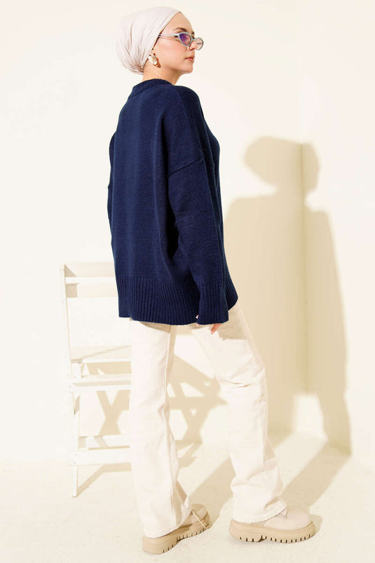 Ribbed-Look Knit Tunic, Navy Blue