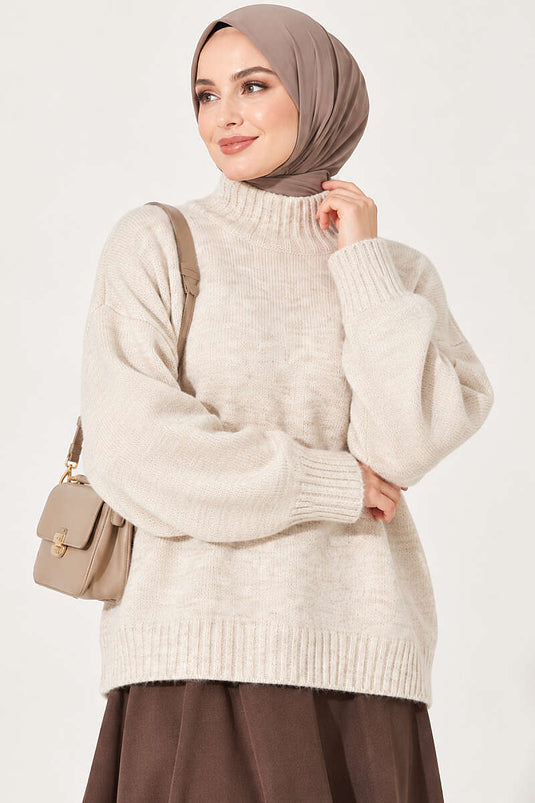 Ribanalı Basic Triko Kazak Bej