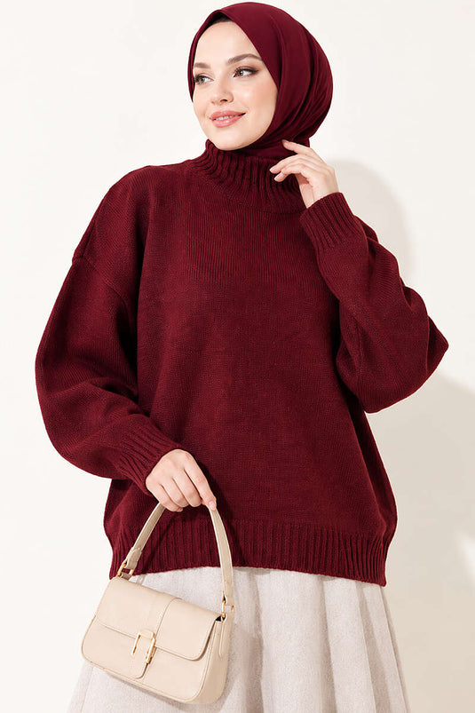 Ribanalı Basic Triko Kazak Bordo