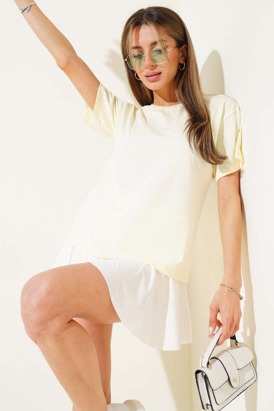 Ribanalı Bisiklet Yaka Düz T-shirt Sarı