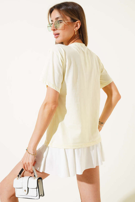 Ribanalı Bisiklet Yaka Düz T-shirt Sarı