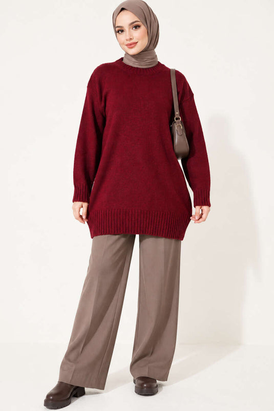 Ribanalı Bisiklet Yaka Triko Tunik Bordo