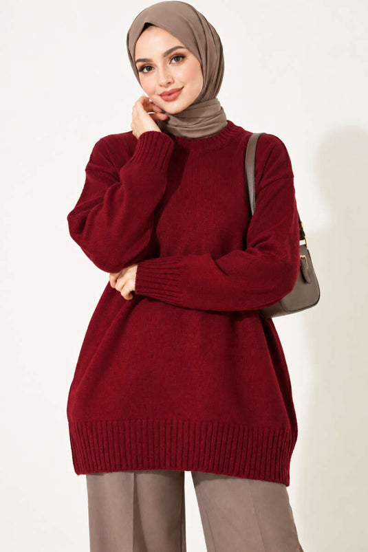 Ribanalı Bisiklet Yaka Triko Tunik Bordo