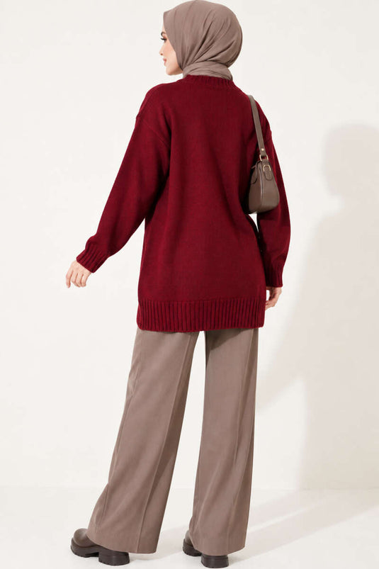 Ribanalı Bisiklet Yaka Triko Tunik Bordo