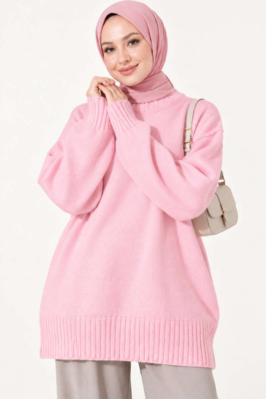 Ribanalı Bisiklet Yaka Triko Tunik Pembe