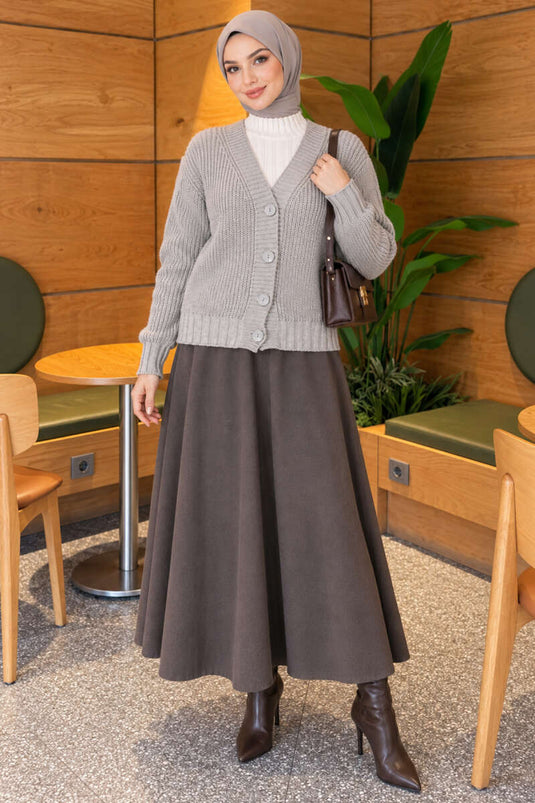Grey Ribbed Button Detail Knit Cardigan