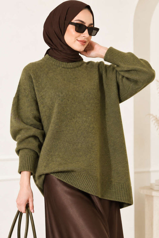 Kaki Rippstrick Tunik Mit Off-Shoulder