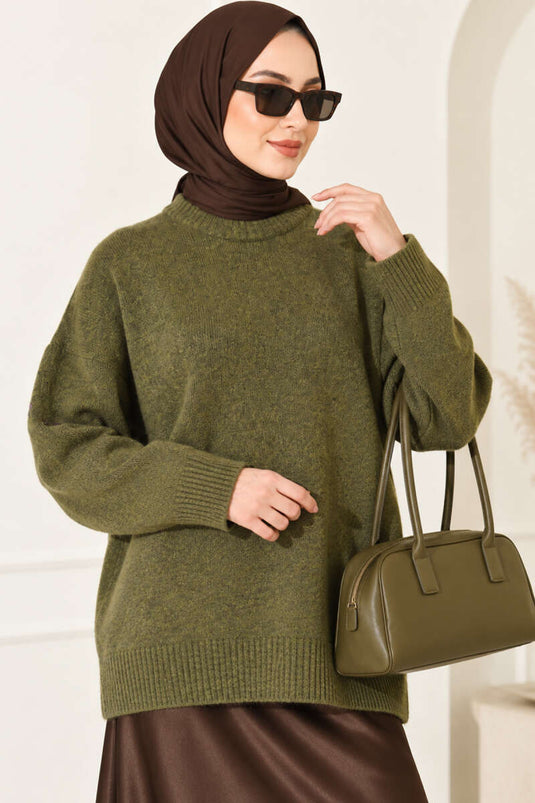 Kaki Rippstrick Tunik Mit Off-Shoulder