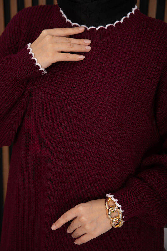 Ribanalı Oversize Triko Kazak Bordo