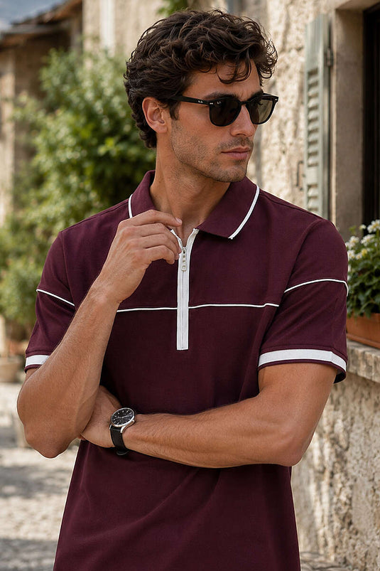 Ribanalı Polo Yaka Fermuarlı Erkek T-shirt Bordo