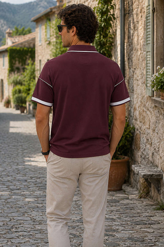Ribanalı Polo Yaka Fermuarlı Erkek T-shirt Bordo