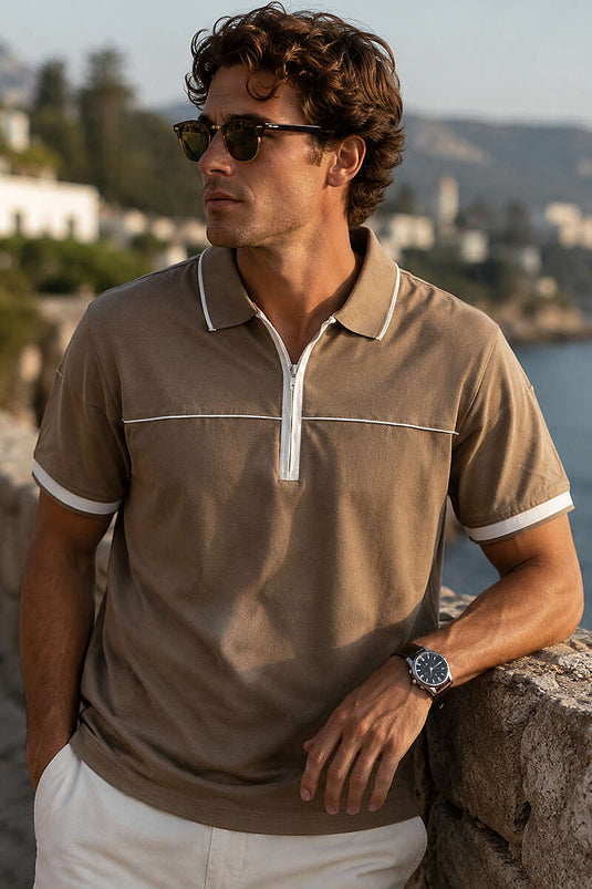 Ribanalı Polo Yaka Fermuarlı Erkek T-shirt Vizon