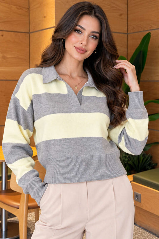 Grau Gestreifter Strickpullover Mit Rippenmuster