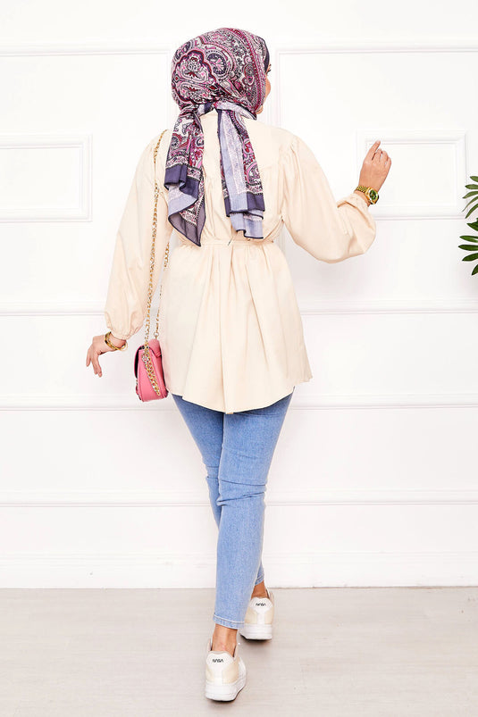 قميص حجاب روبا مربوط الخصر باللون البيج