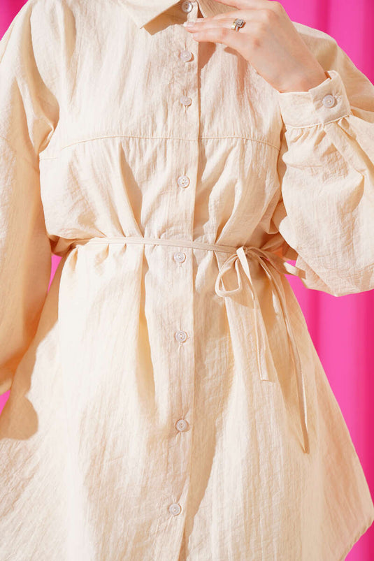 Robalı Balon Kol Kuşaklı Gömlek Bej