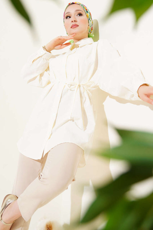 Robalı Balon Kol Kuşaklı Gömlek Krem