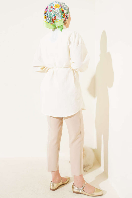 Robalı Balon Kol Kuşaklı Gömlek Krem