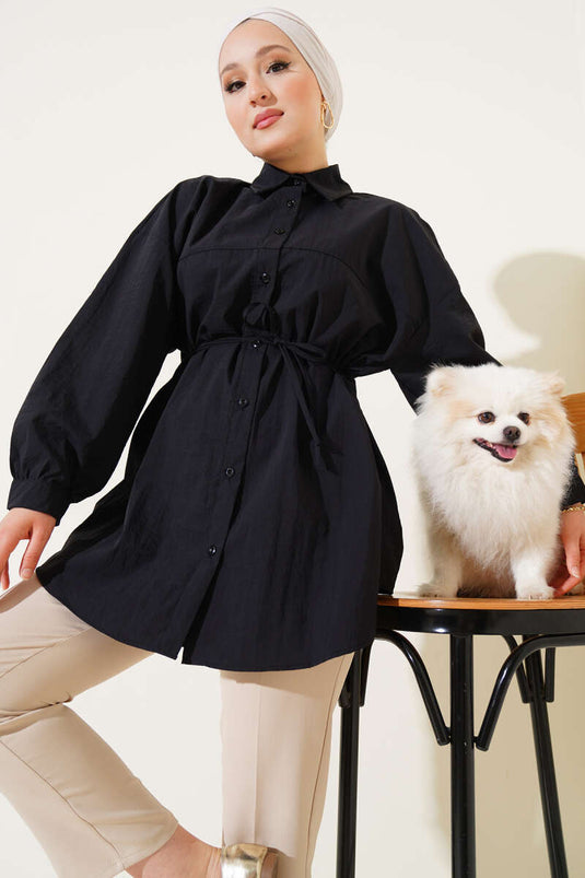 Black Balloon Sleeve Belted Shirt with Yoke