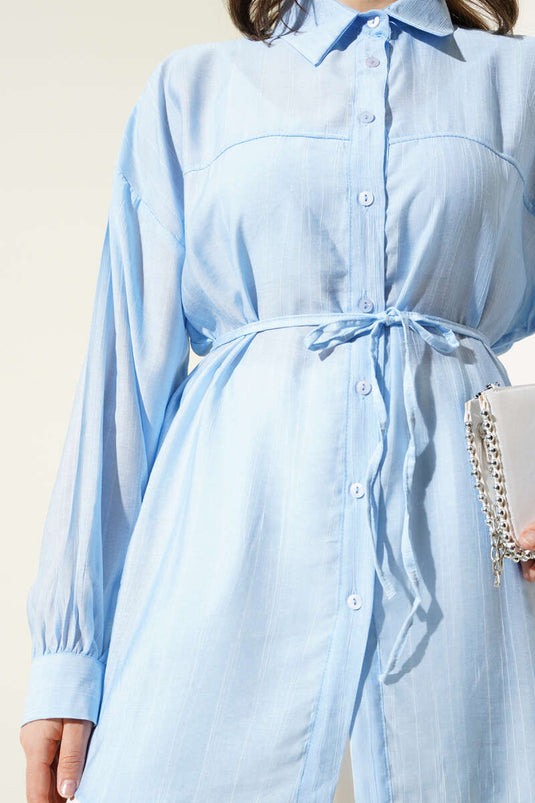 Shirt with Rope Belt and Yoke Light Blue