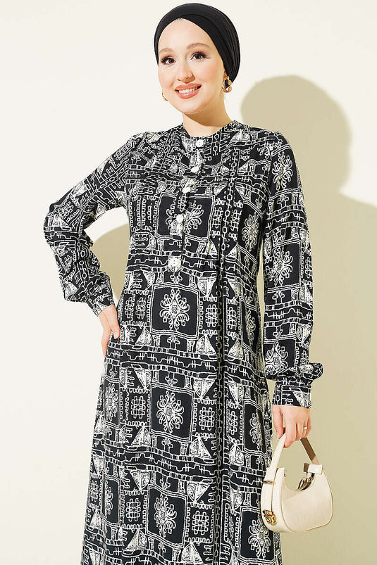 Black Half-Button Dress With Collar