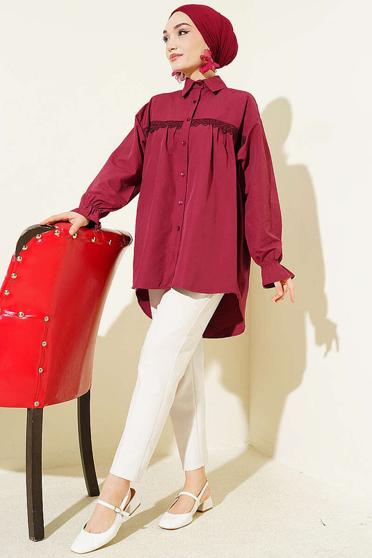 Poplin Shirt with Lace Yoke Burgundy