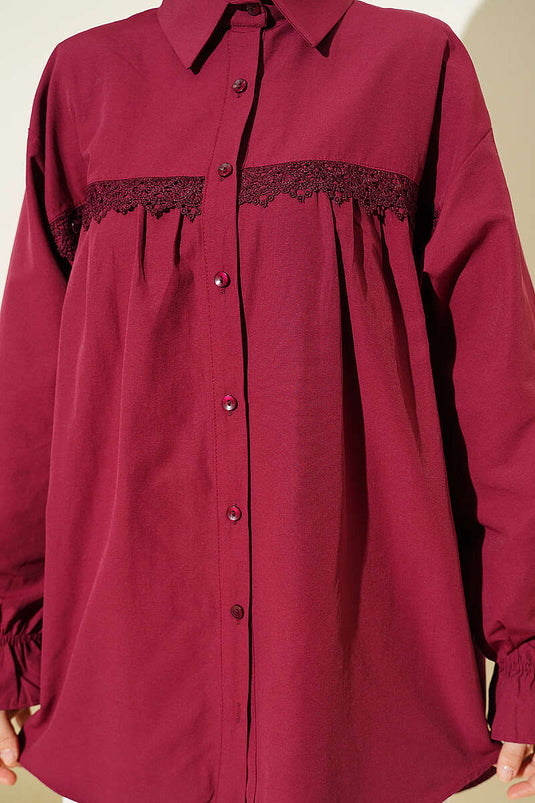 Poplin Shirt with Lace Yoke Burgundy