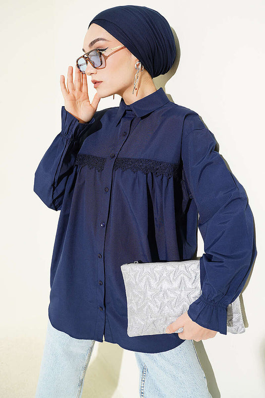Poplin Shirt with Lace Yoke Navy Blue