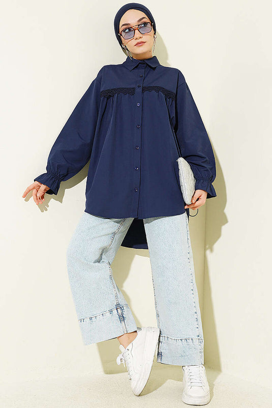 Poplin Shirt with Lace Yoke Navy Blue