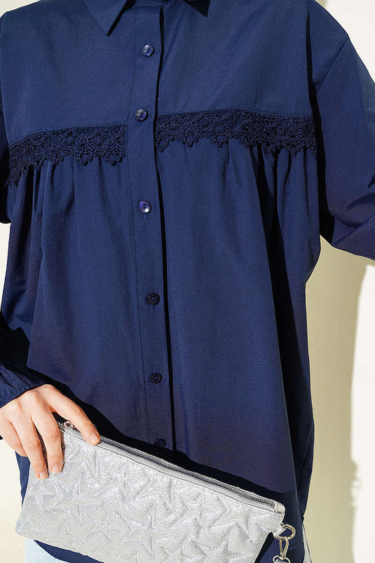Poplin Shirt with Lace Yoke Navy Blue