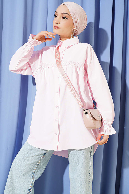 Poplin Shirt with Lace Yoke Pink