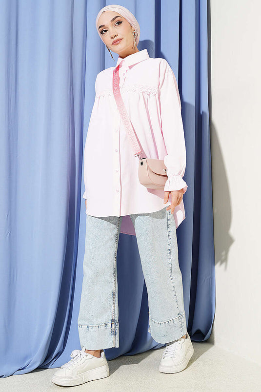 Poplin Shirt with Lace Yoke Pink