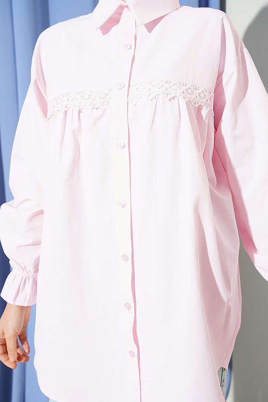 Poplin Shirt with Lace Yoke Pink