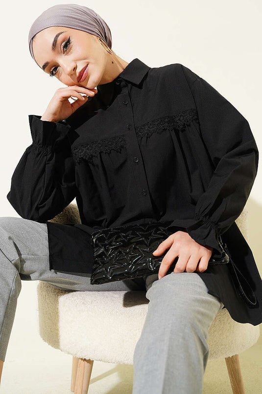 Black Poplin Shirt with Lace Yoke
