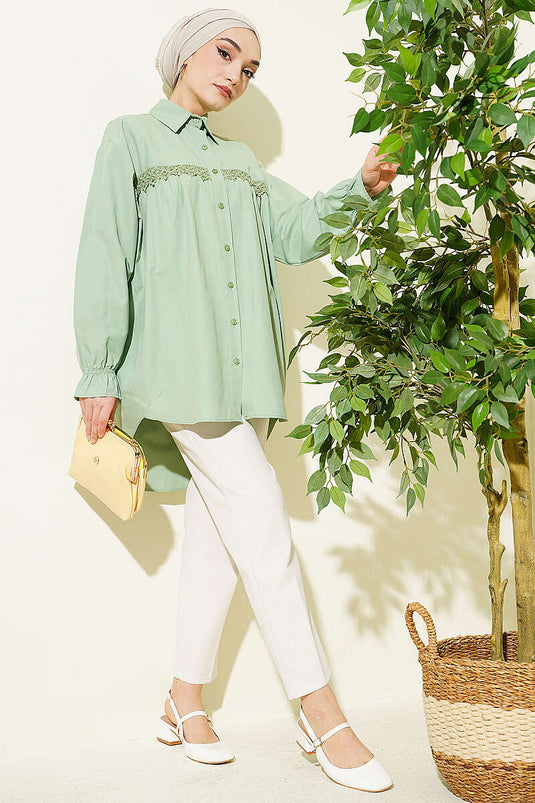 Poplin Shirt with Lace Yoke Green