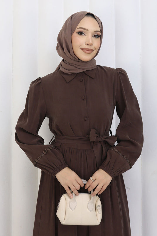 Rose Belted Half-Button Dress Brown