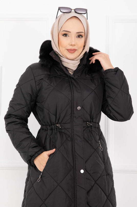 Manteau long matelassé à capuche en fourrure Royal Kapitone noir