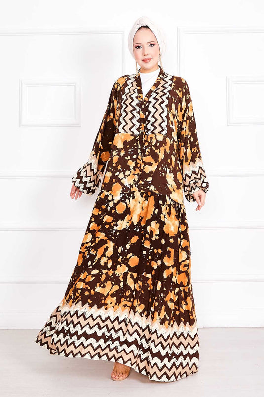 Dream Pattern Half Buttoned Hijab Dress Brown