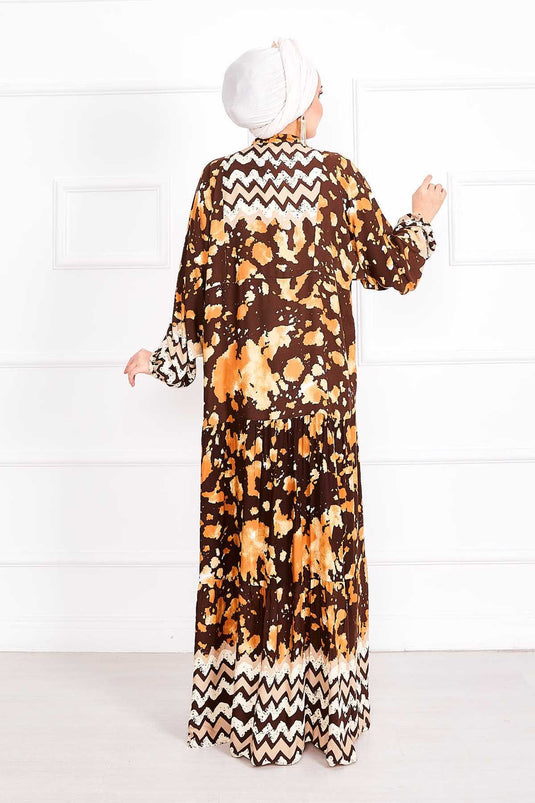 Dream Pattern Half Buttoned Hijab Dress Brown
