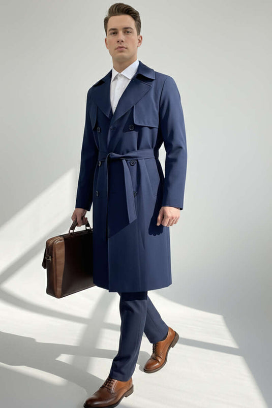 Trench-coat homme avec coupe-vent et ceinture, bleu marine