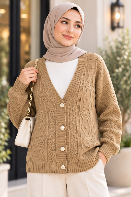Saç Örgü Desen Düğmeli Triko Hırka Camel