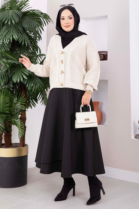 Beige Patterned Buttoned Knit Cardigan